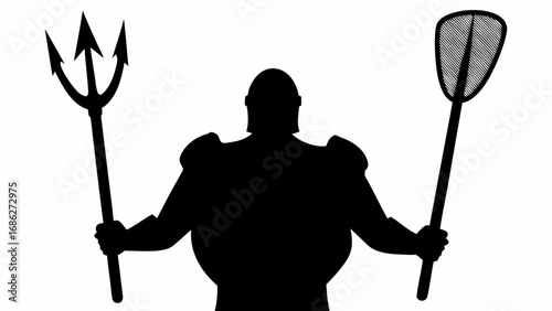Silhouette of a muscular figure holding a trident and a paddle on a white background image art