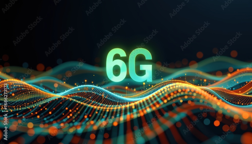 Fototapeta premium 6G technology concept. Digital waves and 6G technology concept visualized artistically.