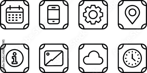 Collection of square interface icons representing common app functions like calendar, phone, settings, location, information, image, cloud, and clock, isolated on white background
