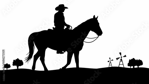 Silhouette of a cowboy riding a horse on a landscape with windmills and trees in a black and white scene