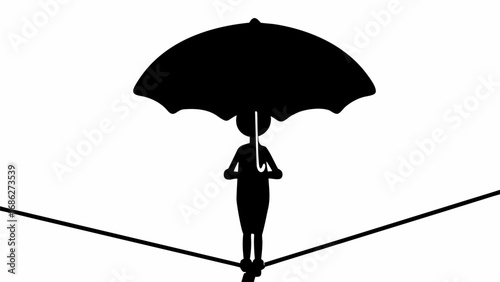 Silhouette of a person walking on a rope with an umbrella over a crowd in black and white design