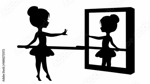 Silhouette of a ballerina practicing at a barre with a mirror reflecting her image in black and white