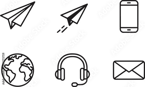 Set of communication icons including paper airplane, smartphone, globe, headphones, and envelope, isolated on white background