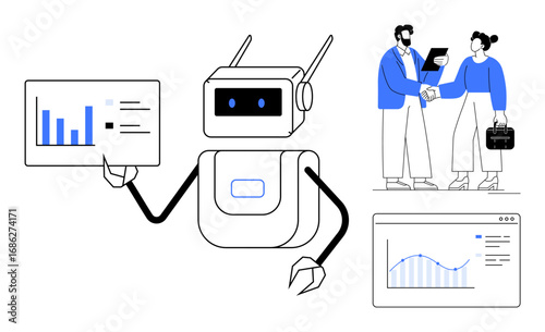 Robot presenting analytics data on a dashboard with business professionals shaking hands, growth graphs, and charts. Ideal for AI, business, collaboration, analytics, innovation, automation