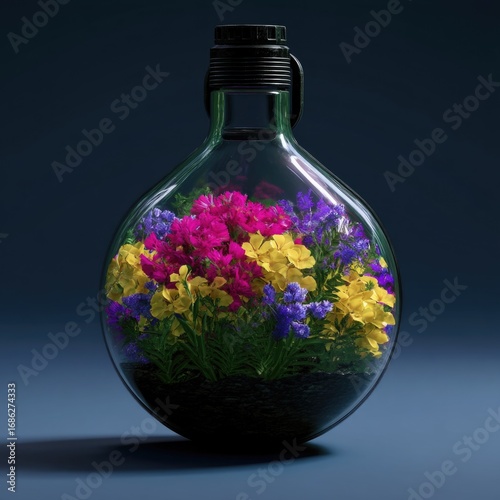 Colorful flowers in glass bottle