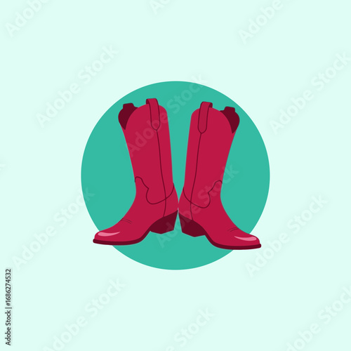 Vector art of pair of vibrant pink cowboy boots with intricate stitching, centered within a teal circle against a light blue background, symbolizing western fashion and country style