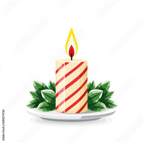 Vector art of a lit striped candle with red and cream colors, adorned with green leaves on a white plate