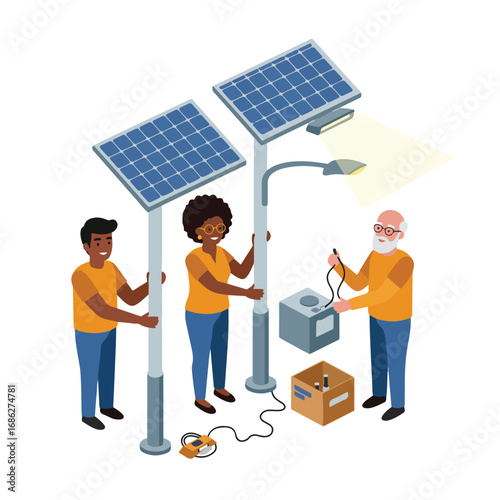 Solar panel installation scene Three people assemble solarpowered streetlights A box of components is present