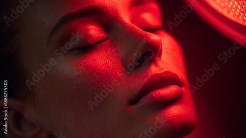 Close-up of woman receiving red light therapy treatment for skin rejuvenation and healing in beauty clinic
