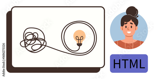 Minimalist tangled wire transforming into a glowing bulb, young woman avatar, and HTML label. Ideal for problem-solving, creativity, coding, innovation, learning, self-development simple flat