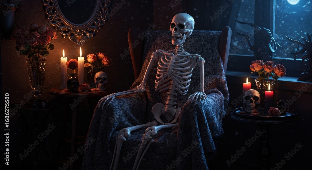 Obraz premium Gothic Halloween Bedroom Corner with Skeleton, Skull Candles, and Moonlit Decor