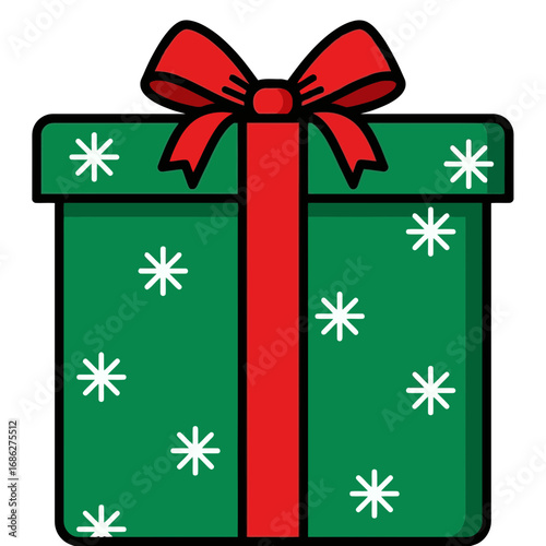 Vector art of a festive green gift box with a red ribbon and bow, decorated with white snowflakes, isolated on a
