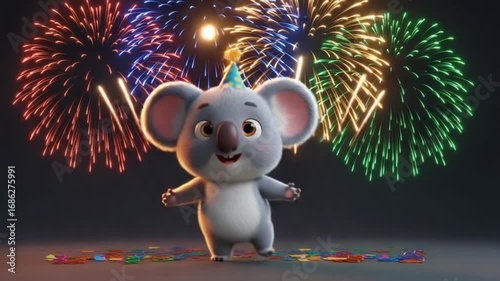 A cheerful cartoon koala wearing a party hat celebrates with colorful confetti and vibrant fireworks in the background.