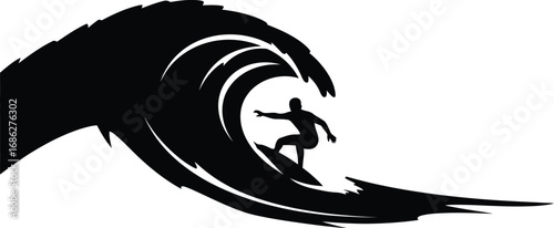 Silhouette of a surfer riding a wave, embodying thrill of surfing and power of ocean