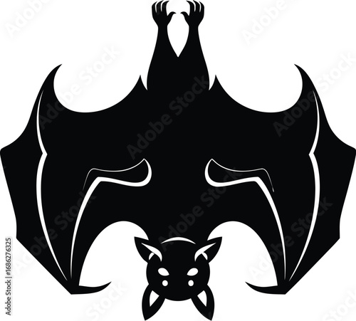 Silhouette of a bat hanging upside down, capturing its unique posture and wing structure in a simple design