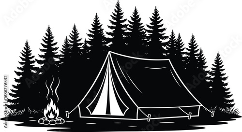 Camping scene with a tent and campfire surrounded by pine trees, outdoor adventure and nature escape