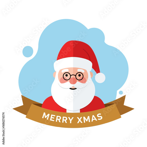 Illustration of santa claus with a beard and glasses, wearing a red hat and jacket, with a banner that says merry xmas below his face