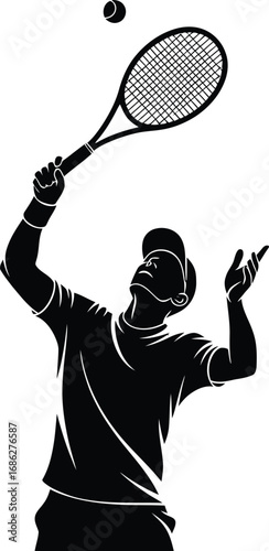Silhouette of a tennis player serving ball, showcasing athleticism and dynamic motion of sport