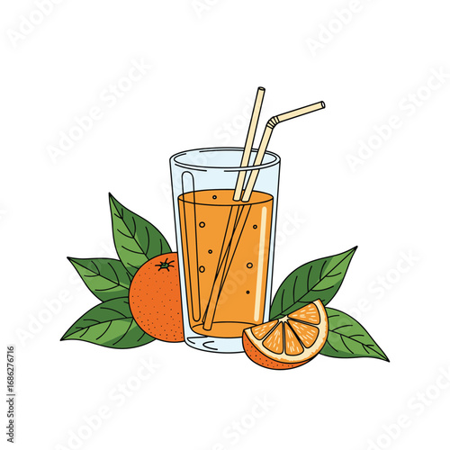 Fresh orange juice in tall glass with fruit and leaves, perfect for healthy lifestyle.