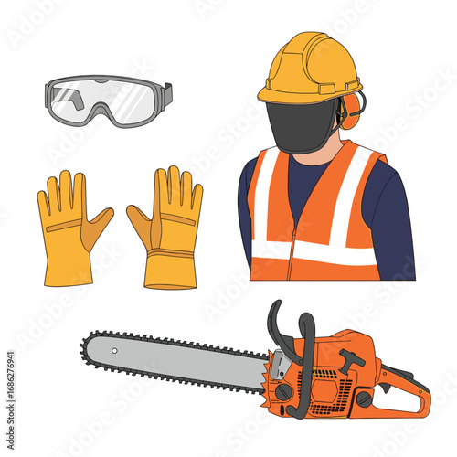 Construction worker with safety gear and chainsaw ready for work, representing safety