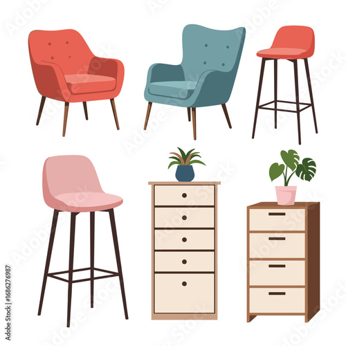Modern furniture set for home or office decor with stylish armchairs, stools, and storage units