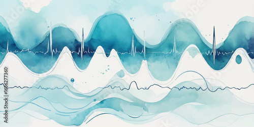 Abstract landscape with blue wavy design and snow-capped mountain peaks