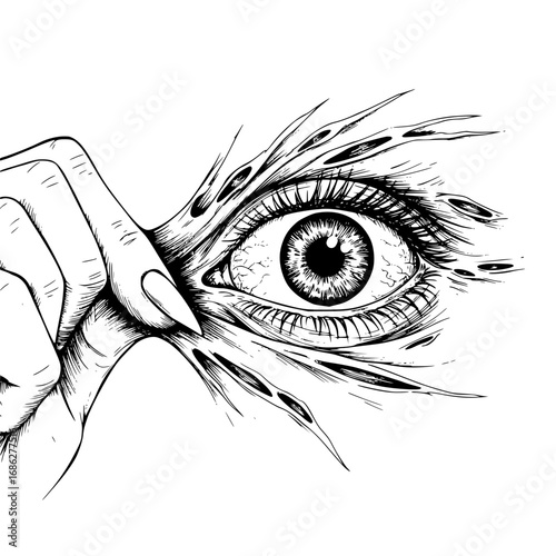 Hand pulling back skin to reveal detailed human eye underneath in surreal black and white illustration. Psychology concept
