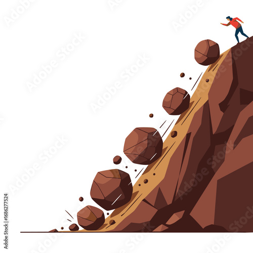 Man struggles against falling rocks on a mountain slope, overcoming challenges and adversity