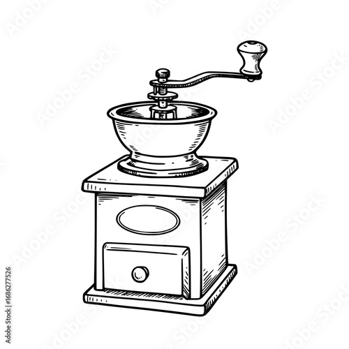 A detailed hand-drawn illustration of a vintage manual coffee grinder with a crank handle and a small drawer. Kitchen and coffee concept