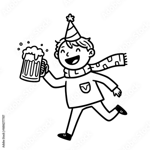 Happy boy wearing party hat holding beer mug and running in festive mood. Celebration concept
