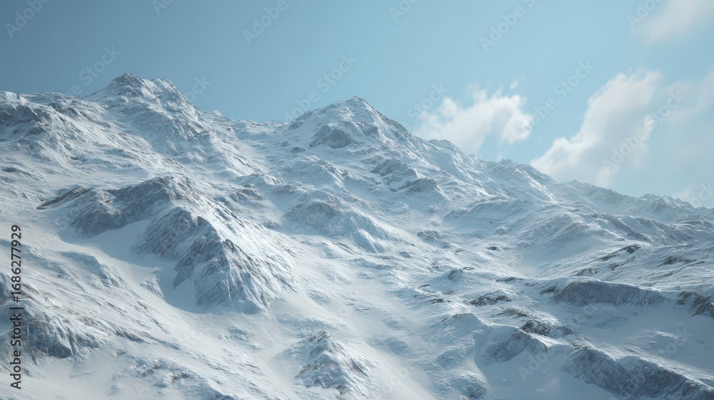 Obraz premium Vast snow-covered mountain range with rugged peaks under bright blue sky and scattered clouds in a pristine winter landscape scene