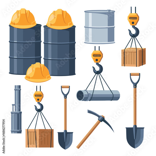 Construction and industrial tools and equipment set for building, engineering and design projects