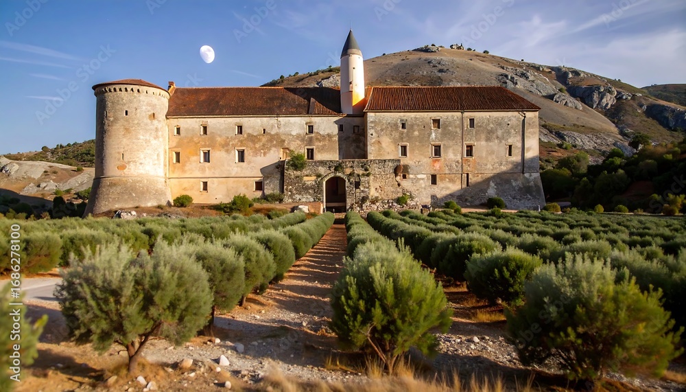 Fototapeta premium Ancient castle amid olive groves at dawn