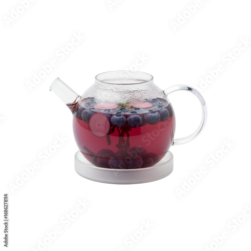 Glass teapot with blueberry fruit tea, blueberry slices, round modern design, white background