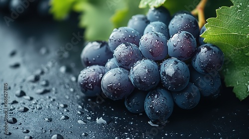 Wallpaper Mural Fresh Purple Grapes with Water Droplets and Green Leaves Close-Up: Dark Background Fruit Photography for Food Beverage and Health Themes Torontodigital.ca