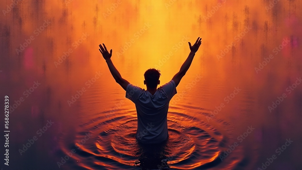 Fototapeta premium Man Standing In Water With Arms Raised