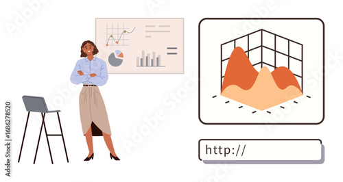 Confident woman standing near charts and graphs, viewing 3D data visualization on screen, highlighting online business analytics and performance tracking. Ideal for leadership, analysis, strategy
