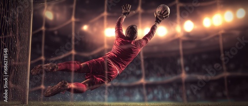 Action packed indoor soccer goalkeeper dive making save du match at night illuminated stadium