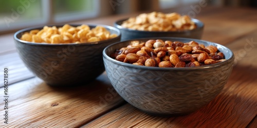 Bowls of nuts on a wooden table