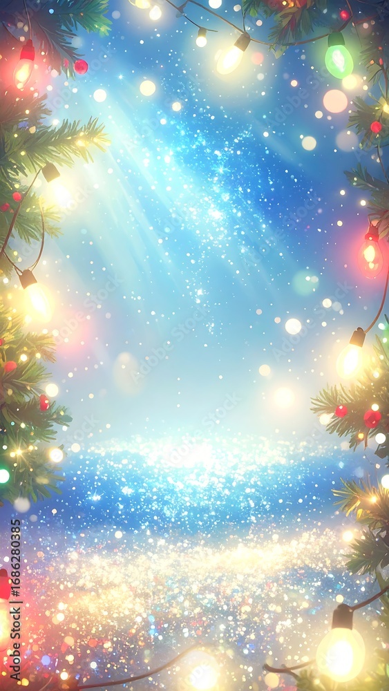 Naklejka premium Festive winter scene; sparkling lights & snow