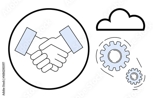 Handshake symbolizing partnership beside connected gears and cloud, representing teamwork, innovation, automation, cloud computing, networking, collaboration, data processing. A simple flat metaphor
