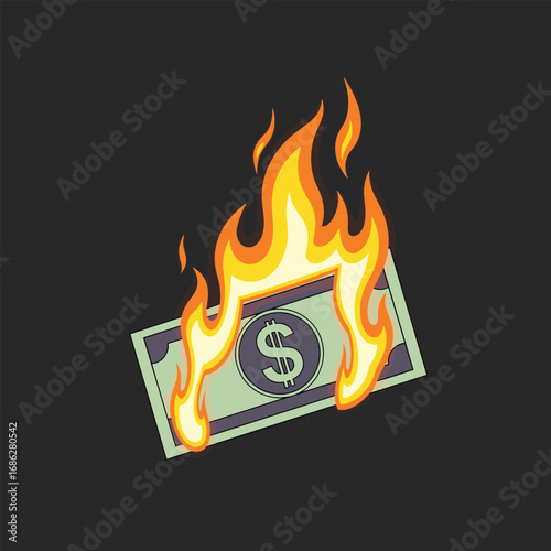Burning money illustration representing financial loss, debt, economic crisis, and wasteful spending