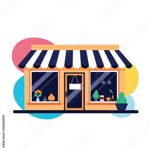 Charming boutique storefront with modern design, inviting atmosphere, and blank sign ready