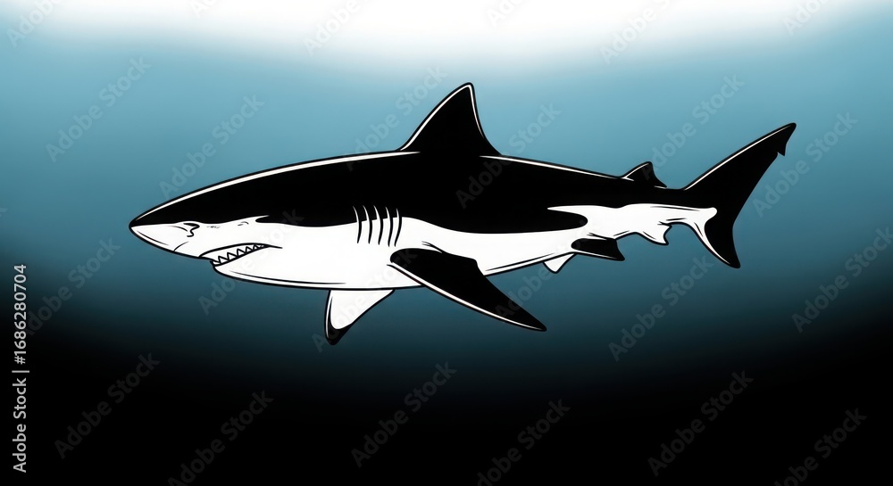 Fototapeta premium Majestic great white shark surfaces in deep blue ocean waters capturing the power of marine predators