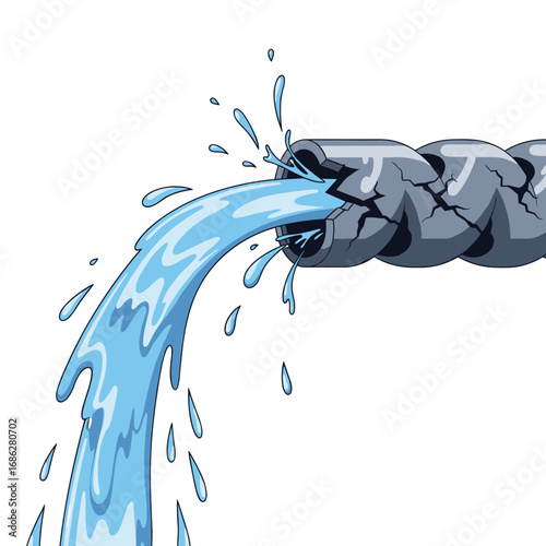 Broken pipe gushing water, representing leaks, plumbing problems, and resource waste in crisis