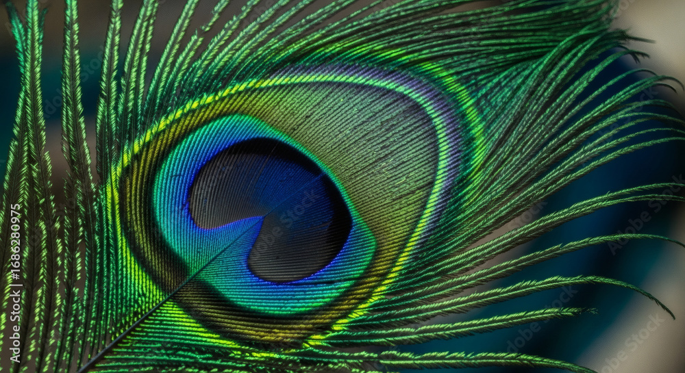 Obraz premium Close-up of a vibrant peacock feather with stunning iridescent colors and intricate patterns