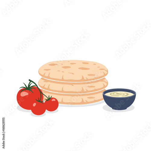 Freshly made tortillas with tomatoes and dipping sauce, a delicious meal idea for a restaurant.