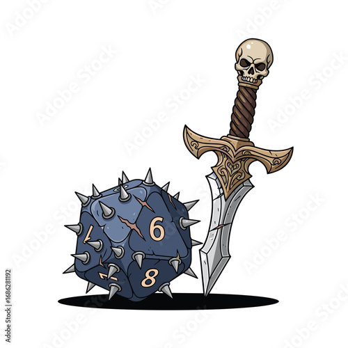 Fantasy RPG dice and skull sword illustration, perfect for gaming, adventure, and tabletop designs