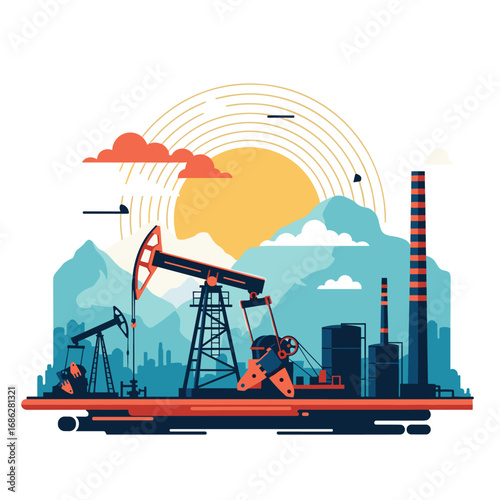 Vibrant illustration of oil derricks, industry, and landscape with modern design elements