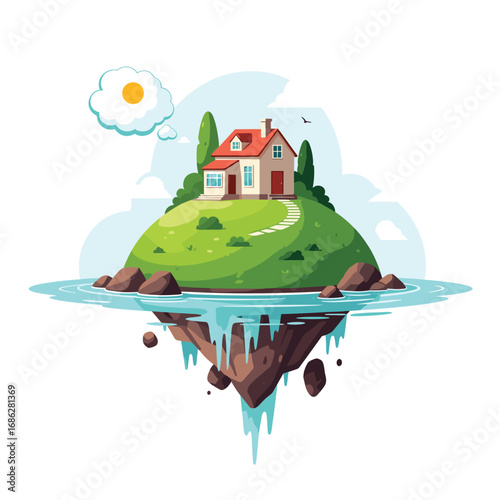 Dreamy house floating on island with sunny sky, perfect for travel, real estate, or design projects